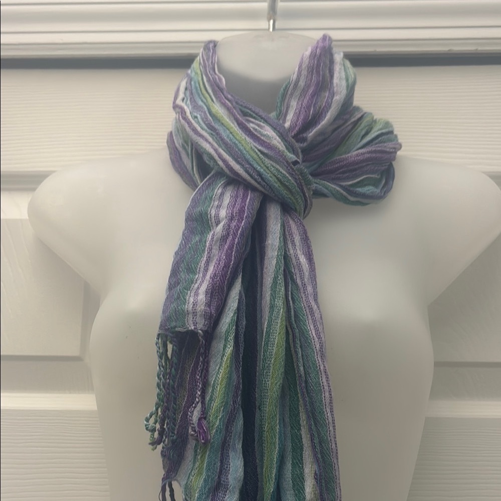 ❤️3 for $15!❤️ Purple and Green Striped Scarf with Fluid Design - Picture 7 of 7